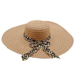 Large Beige Leopard Bow Floppy Wide Brim Sun Hat Black Band Beach Church Wedding